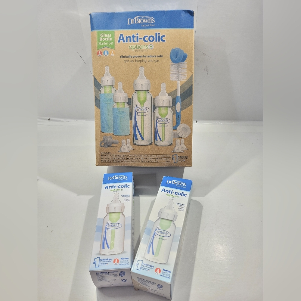DR BROWN'S ANTI-COLIC GLASS BOTTLE STARTER SET+2 4OZ NARROW BOTTLES NEW OPEN BOX